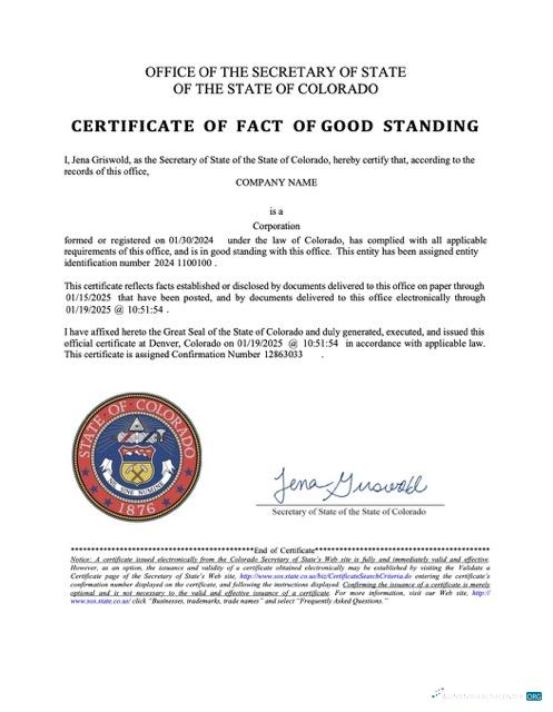 USA Colorado certificate of fact of good standing Word and PDF template